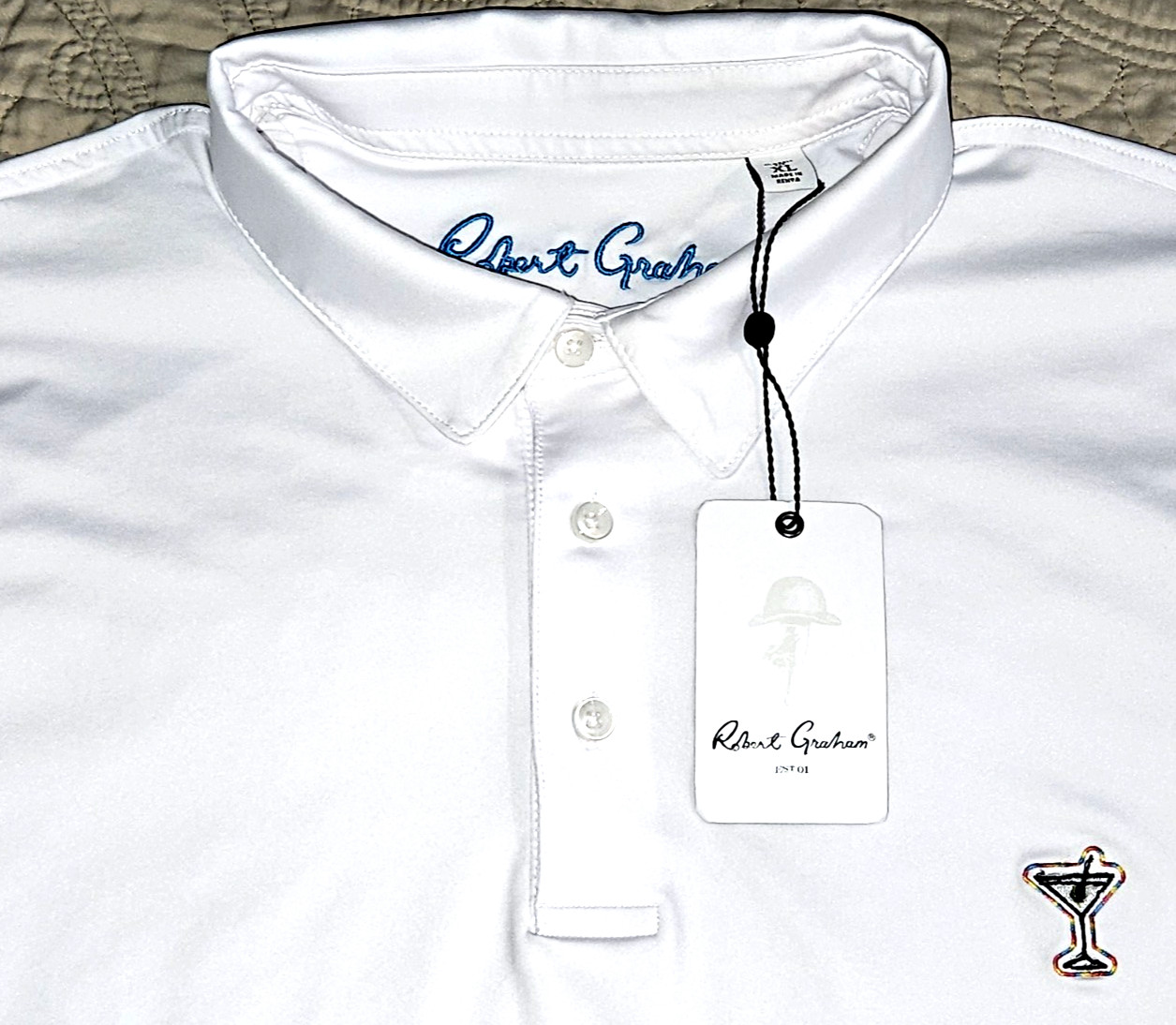 NEW ROBERT⛳️GRAHAM, MENS SIZE XL, MARTINI🍸TIME PERFORMANCE🌞UV⚪️POLO-MSRP$98.00