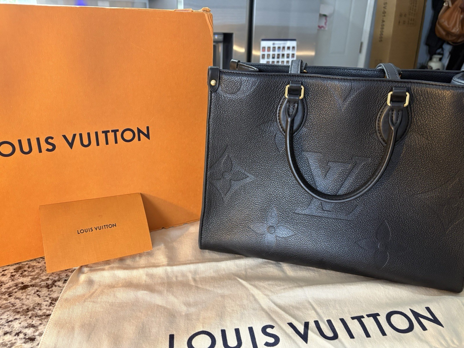 Louis Vuitton OnTheGo MM Black Monogram Embossed Large Tote w/ Dust Bag Box Card