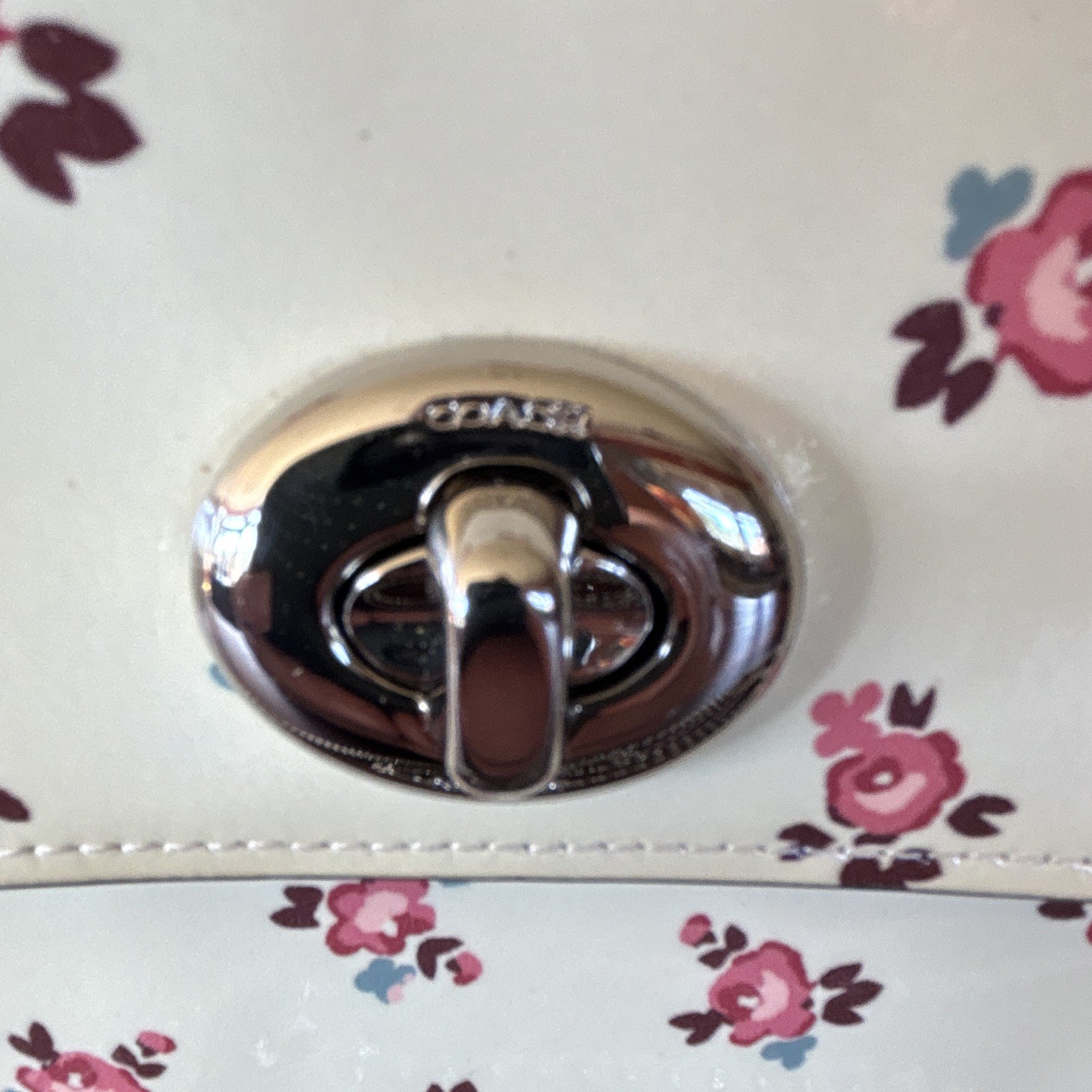 Coach Bowery Floral Bloom Print Patent Small Crossbody Turnlock Silver Chain