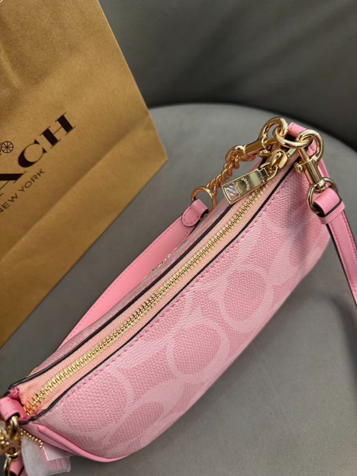 Teri Shoulder Bag In signature canvas/Gold/Powder Pink New CAL51