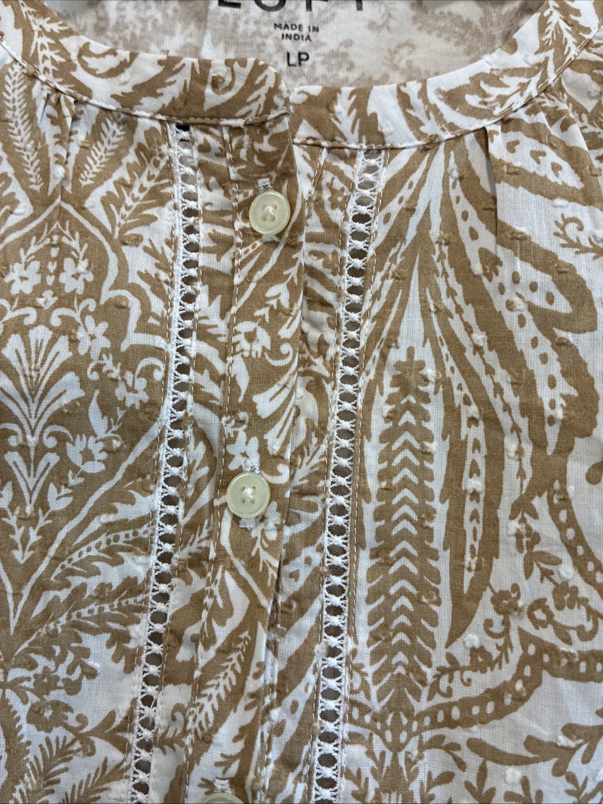 NWT LOFT Paisley Tank Top Button Up Sleeveless Blouse Beige White Petites SZ LP