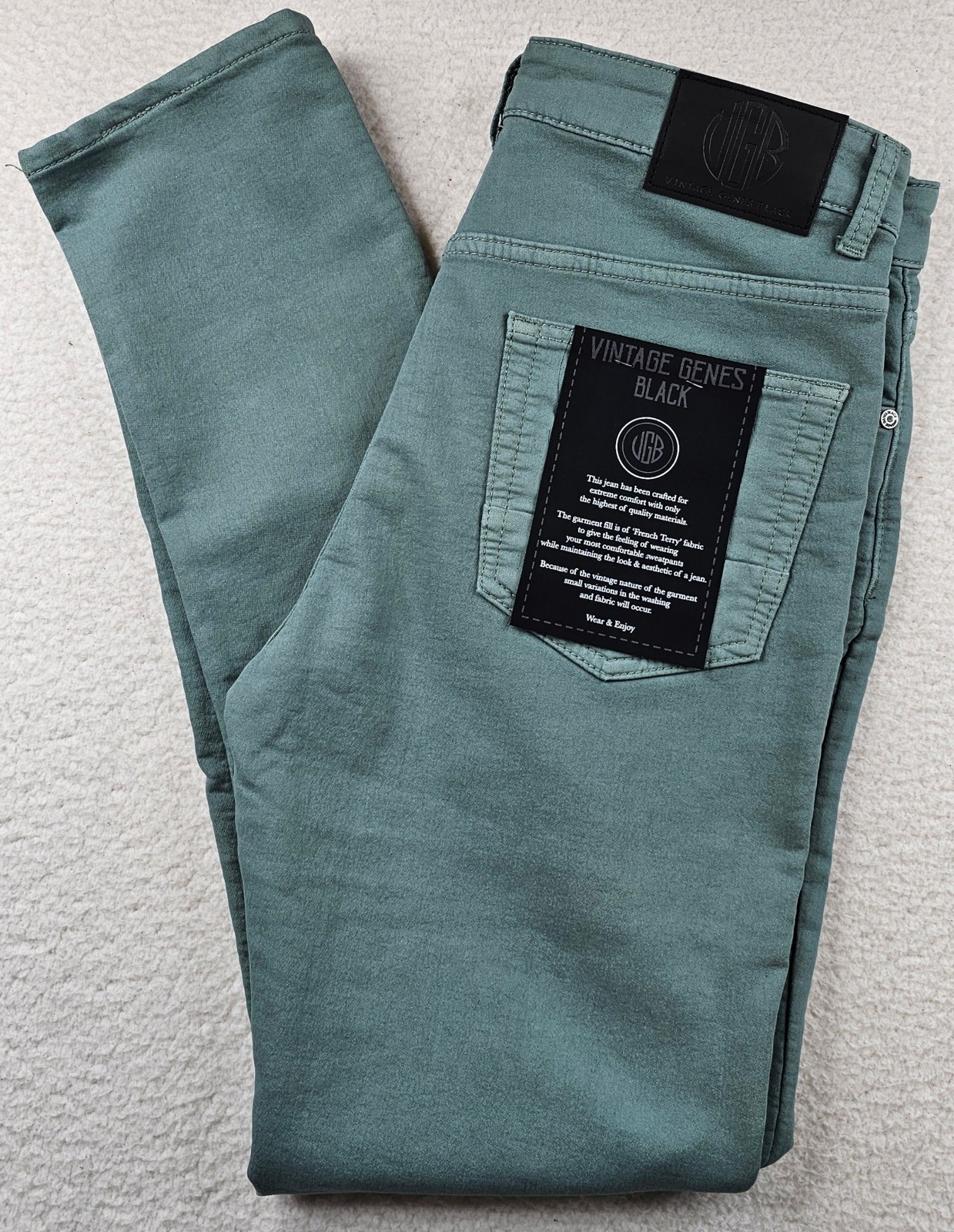VGB Vintage Genes Black Slim Fit Green French Terry Denim Jeans PICK YOUR SIZE