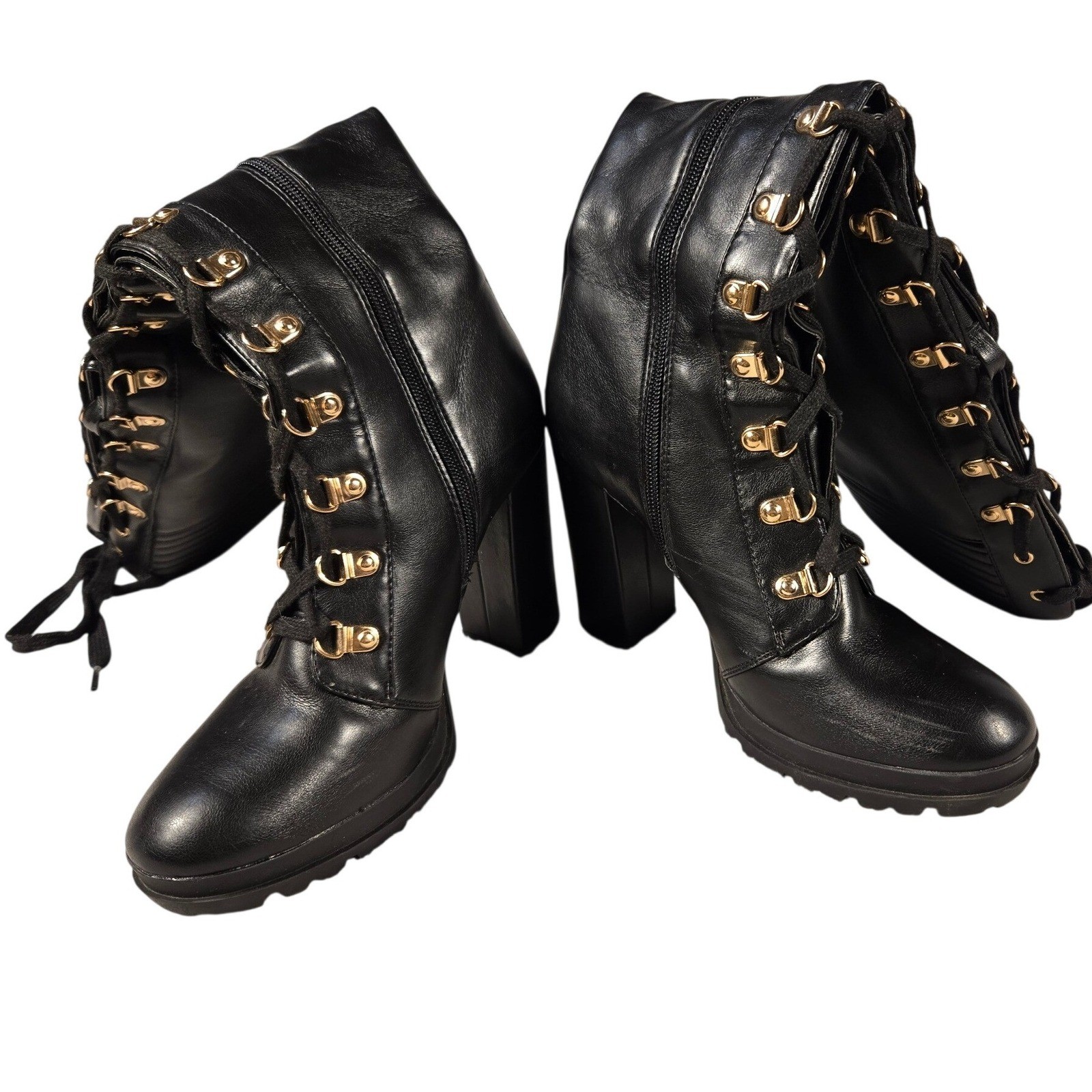 Eliza Womens Black Lace Up Knee High Combat Boots Gold Hardware Block Heel 7.5