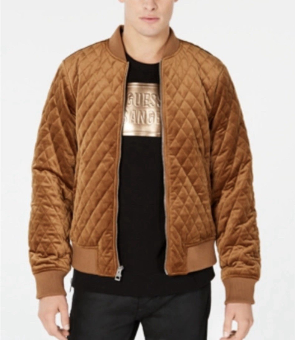 Mens Guess Jacket Velvet Quilted Full Zip Bomber Sz XXL Muted Gold 48×28” New