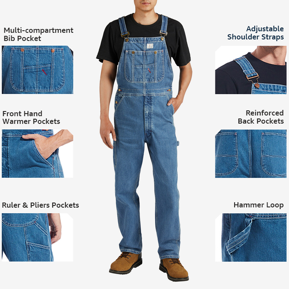 HISEA Mens Heavy Duty Denim Bib Overalls Relaxed Fit Workwear Dungarees Jumpsuit