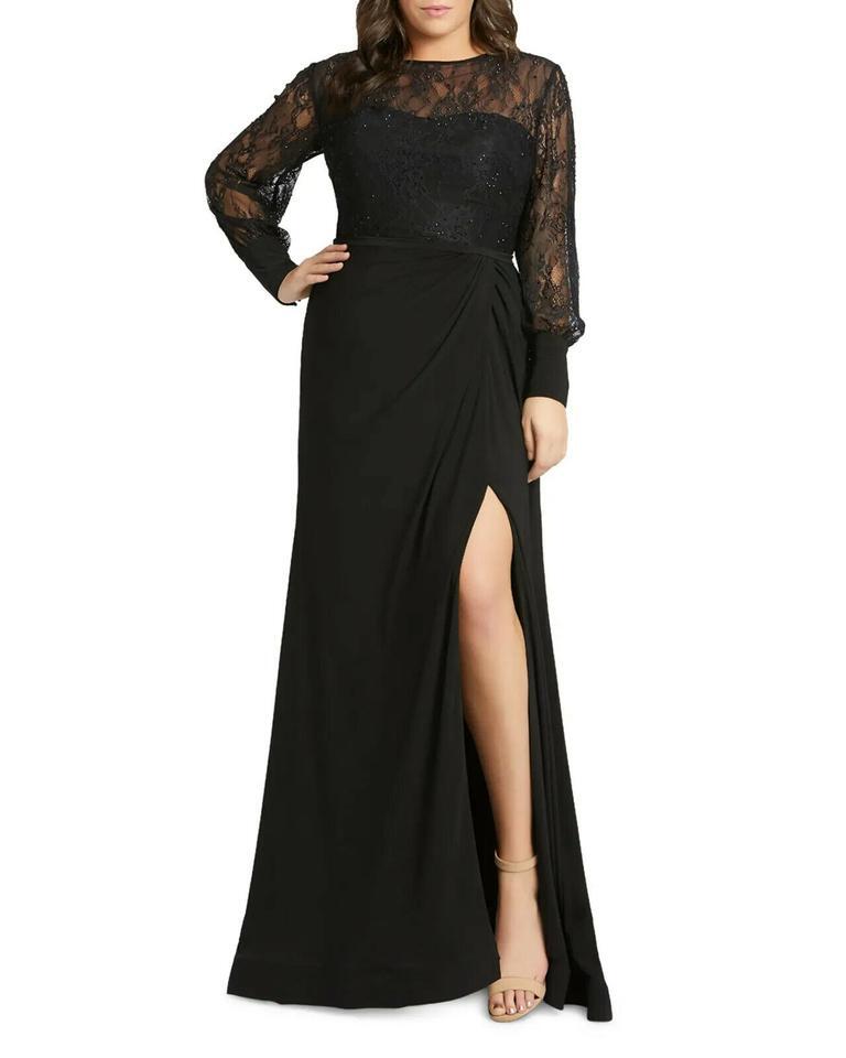 Mac Duggal Black Jersey Lace Bodice & Long-sleeve Wrap Gown W/ Slit Sz 24W $398
