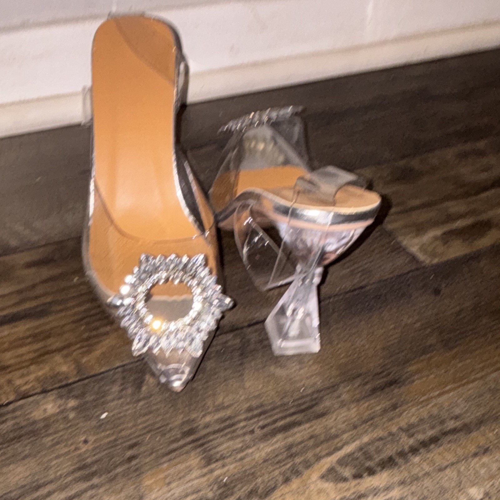 Women’s Clear Pointed Toe Pump Heels Rhinestone Buckle Block Slip On 8.5