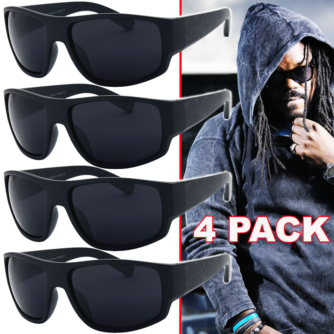 Mens Sunglasses OG All Black Look with Print Sport Wrap Biker Style Gangster Loc