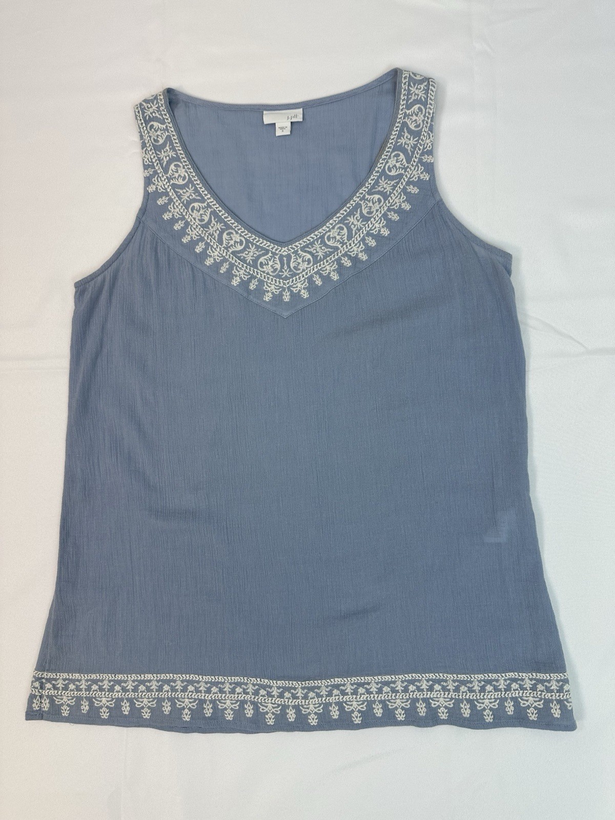 J.JillBlue Sleeveless Embroidered Boho Crinkle Gauze Top Sz Small 100% Cotton