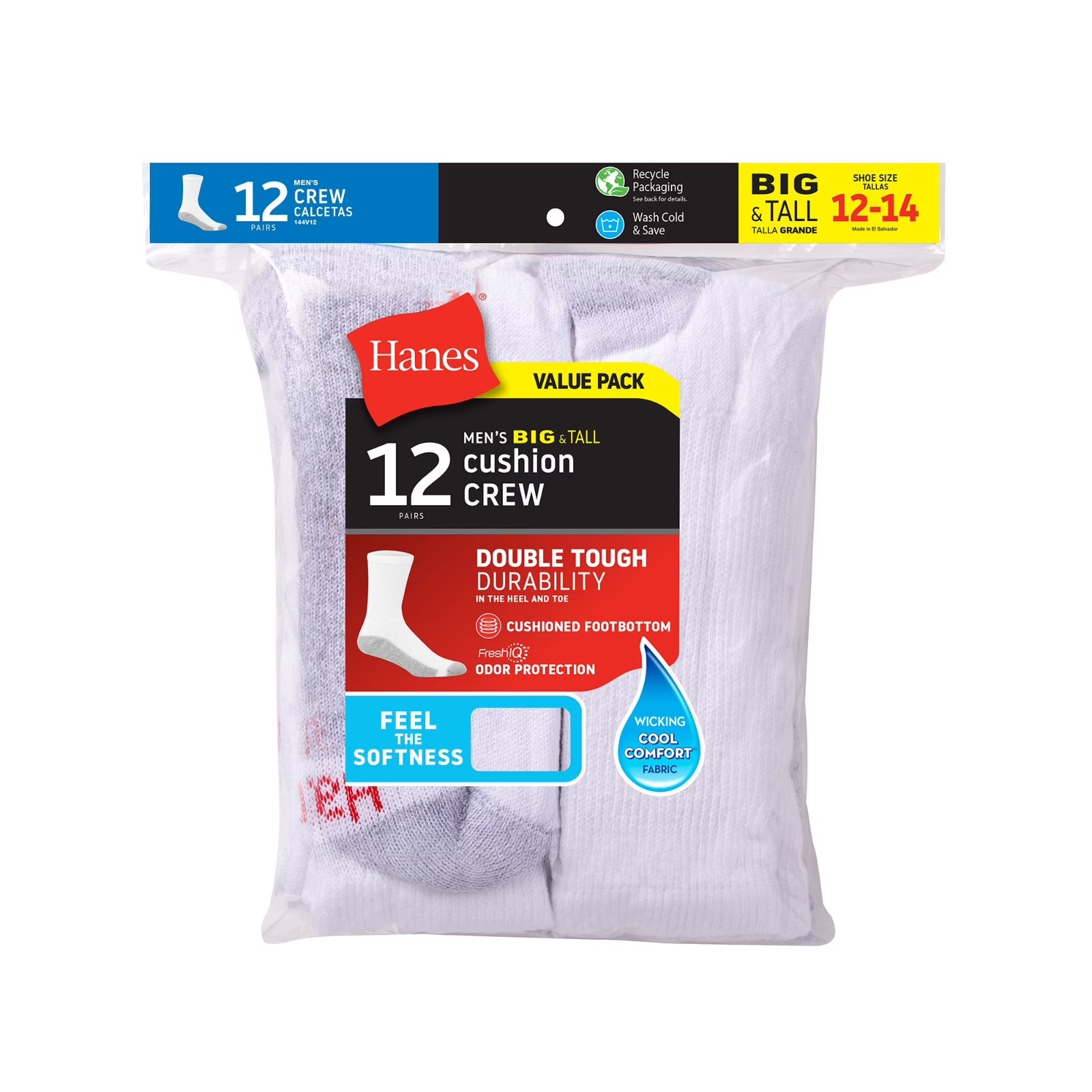 (12-Pair Pack) Hanes Men’s Double Tough Crew Socks,(Shoe Size 12-14)Great Price