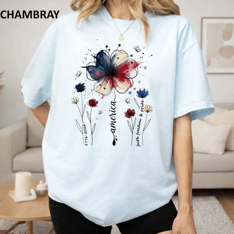 Comfort Colors Patriotic Boho Floral T-Shirt American Wildflower July 4th Tee