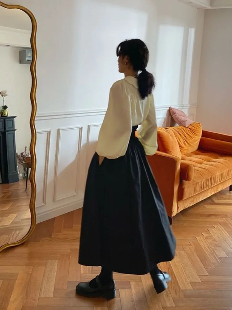 New Long Skirts Women High Waist Midi A-line Jupe Preppy Casual Korean Fash