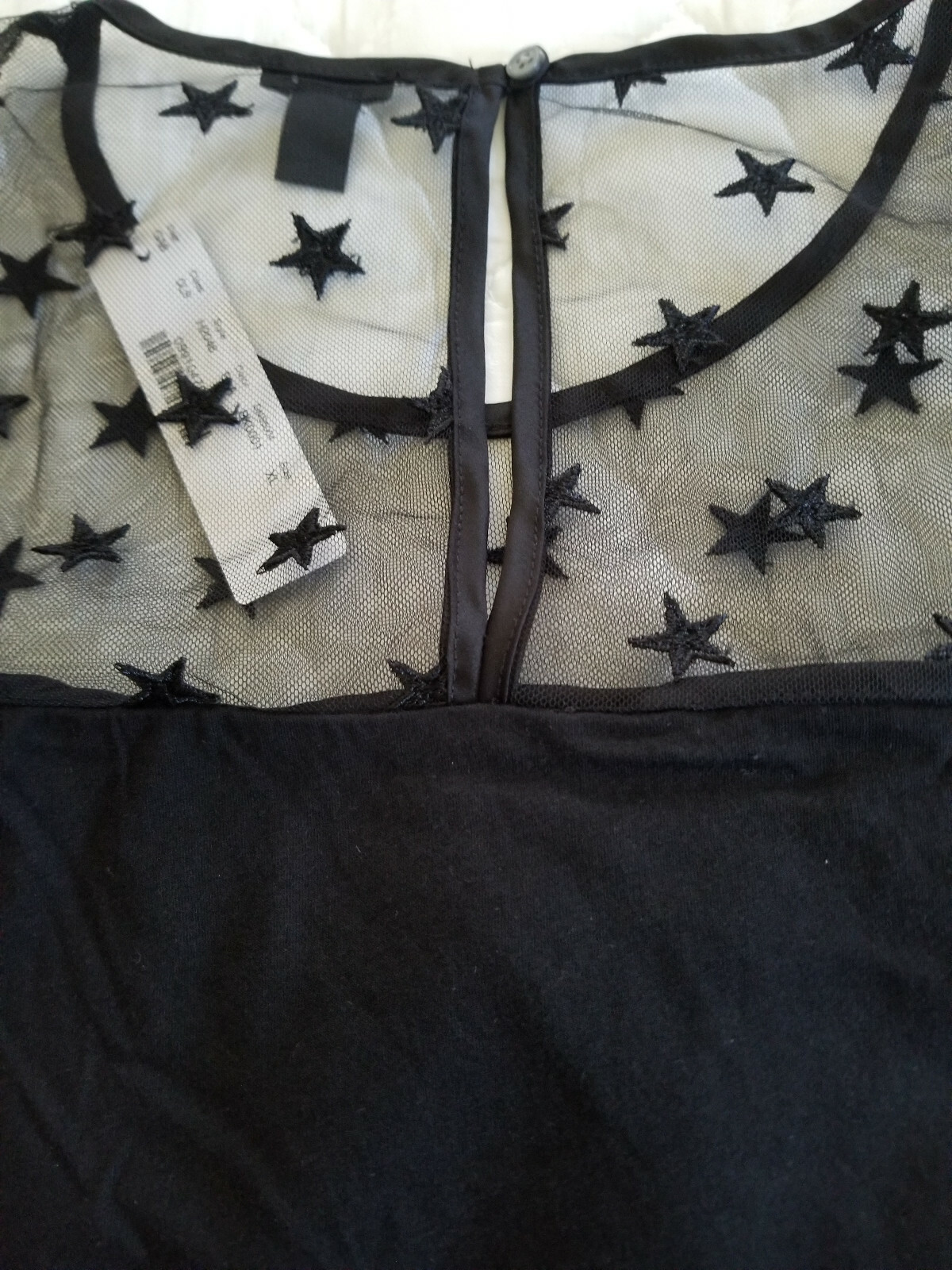 JCREW NWT XL Black Star Embroidered Mesh Ruffle trim dressy top flutter sleeve