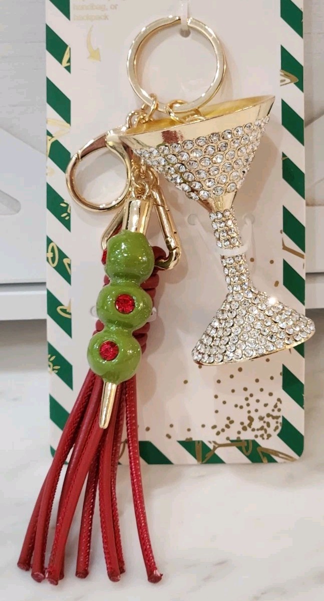 🍸NEW! Piper K Glass Stone Martini & Olive Red Tassel Bag Charm
