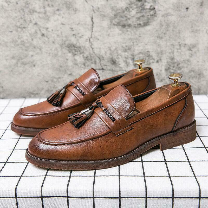 Retro Mens Tassels Loafers Formal Business Work Office Faux Leather Shoes Size