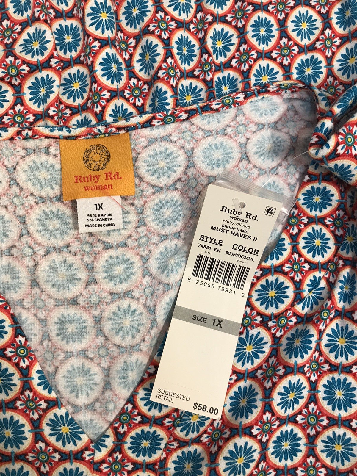 Ruby Rd. 1X Plus Top NWT $58 Stretch Low Cut Floral Geometric Prints Blouse 3/4