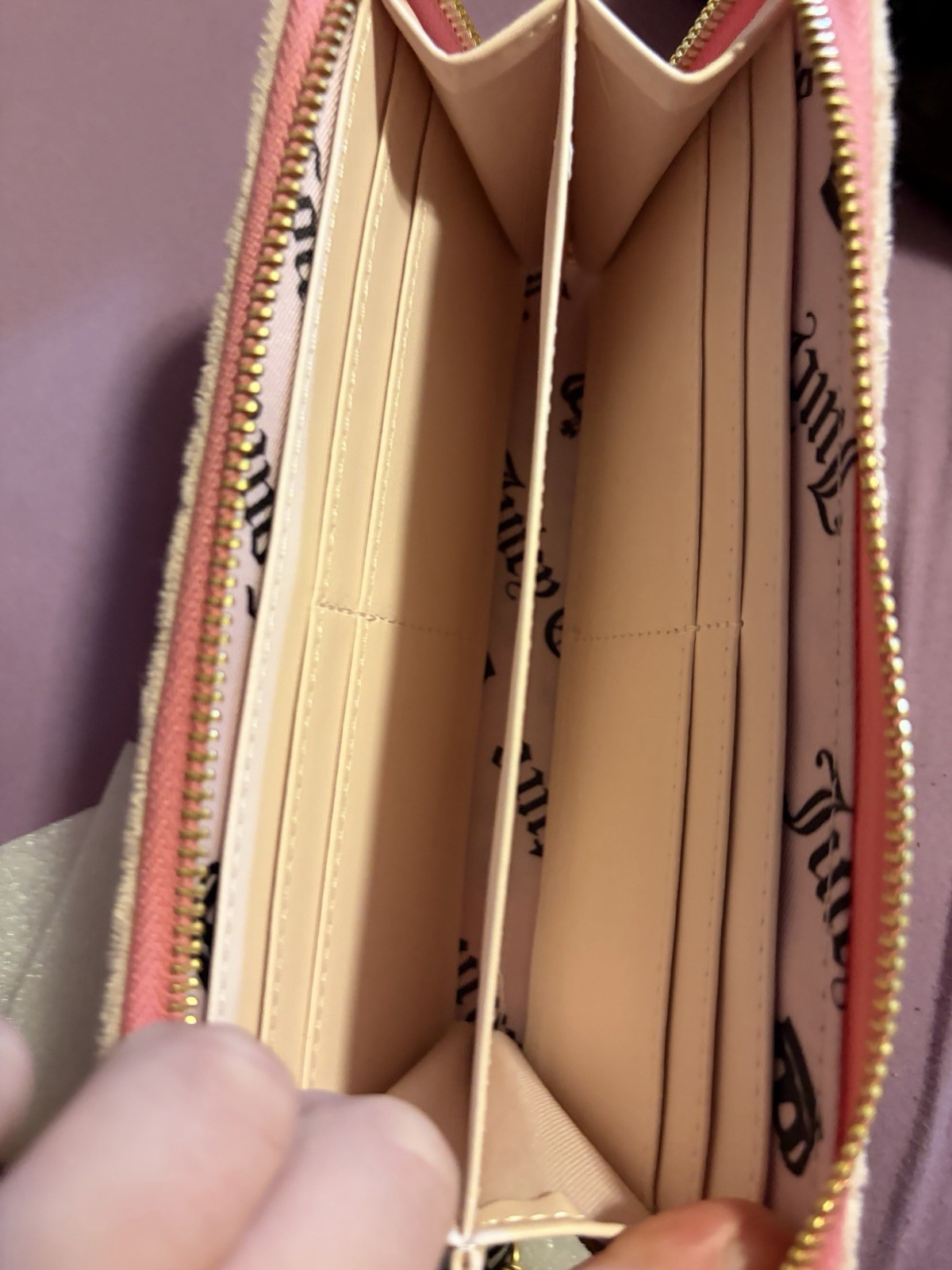 Juicy Couture Women’s Zip-Around Wallet Pink Beige Rhinestone Logo Crown