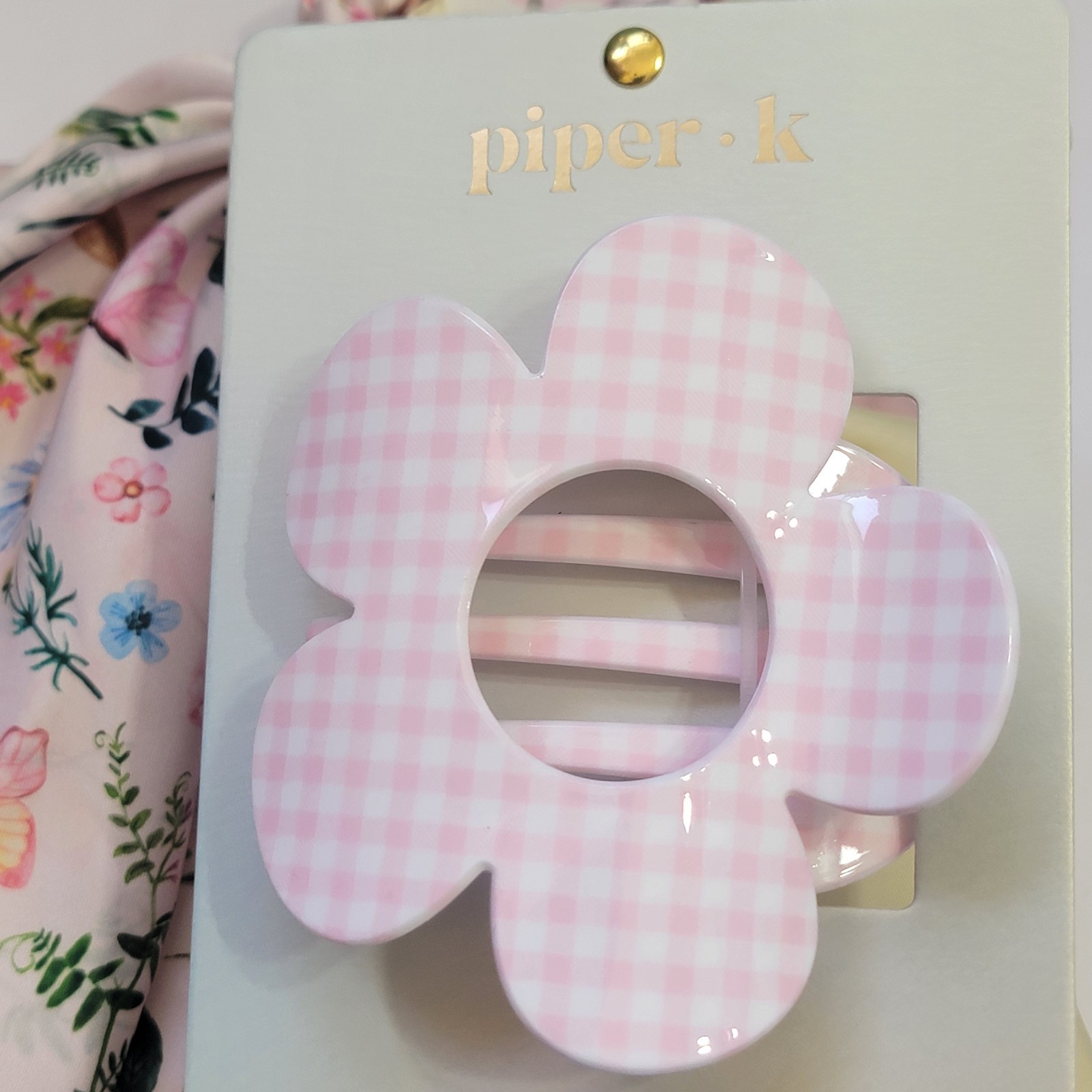 Piper K Butterfly Floral Scarf Scrunchies & Gingham Flat Hair Claw Clip 5 Set