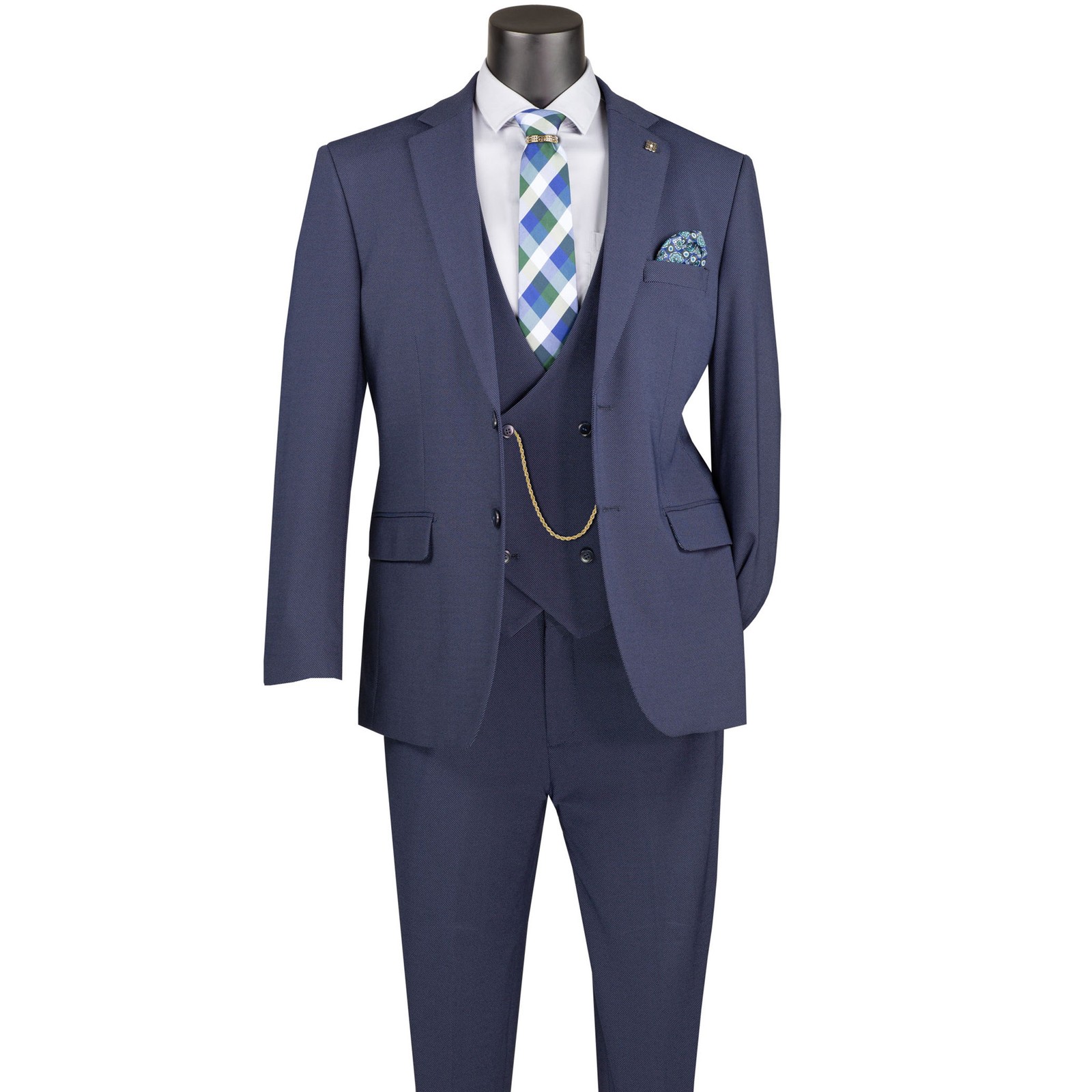 VINCI Men’s Navy 3pc Super Stretch Modern Suit w/ Flex Waist – Washable – NEW