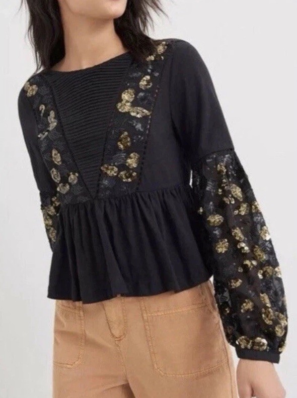 Anthropologie Womens Medium Black Sequin Embellished Peplum Top Balloon Sleeve