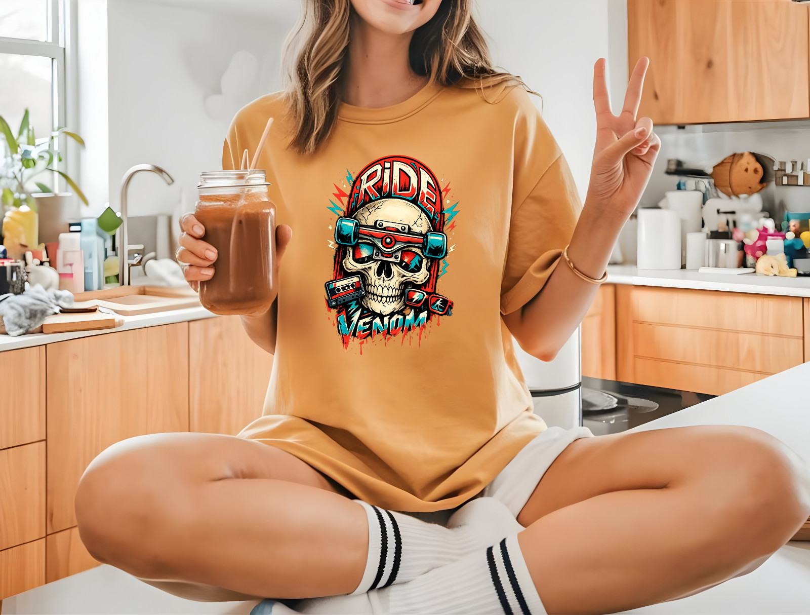 Ride The Venom Skull Skateboard T-Shirt Retro Skater Punk Graphic Tee