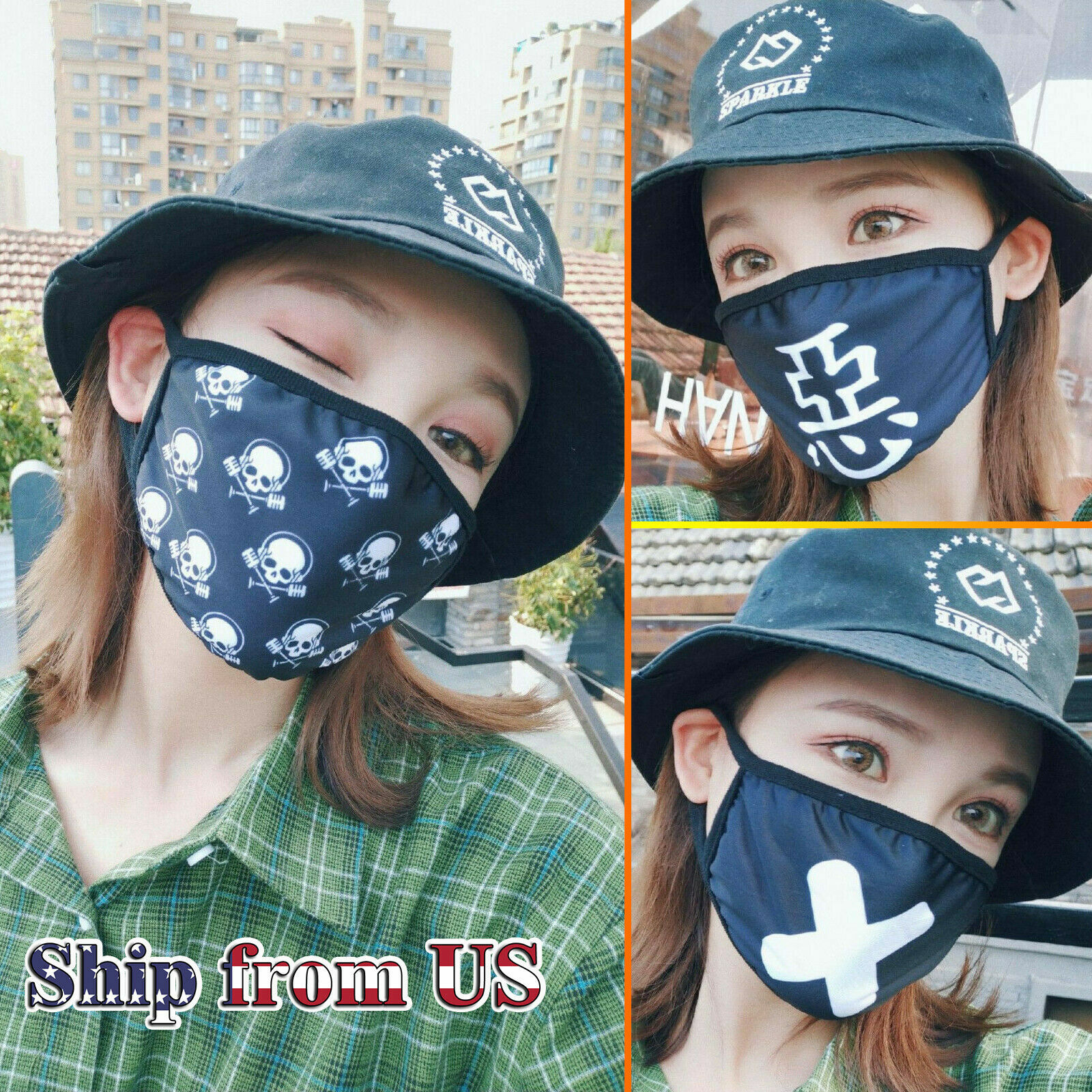 Hip Hop Style Fashion Designer Cotton Mask Black Half Face Mouth Cover 3 Pcs Set