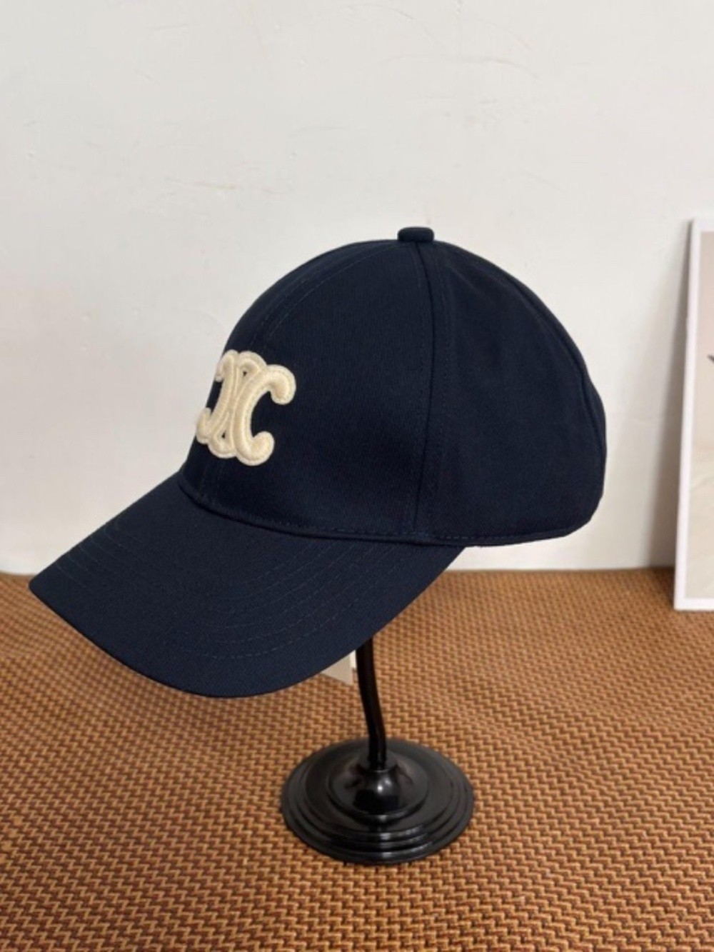 Celine. Triomphe Navy Cotton Baseball Cap with White Logo Embroidery, Adjustable