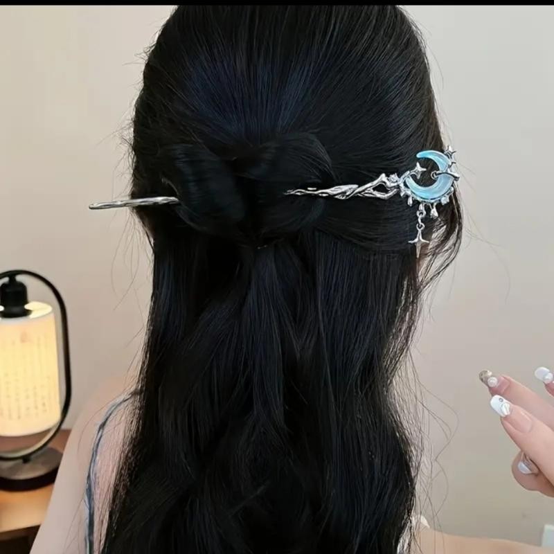 Elegant Silvery & Blue Branching Crescent Moon Chinese Hairpin