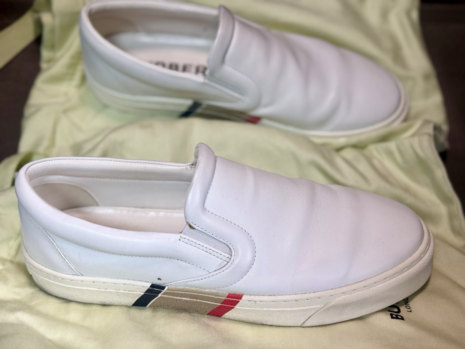 Burberry White Leather Slip-On Casual Shoes, US 11, Rubber Sole, Logo Accent