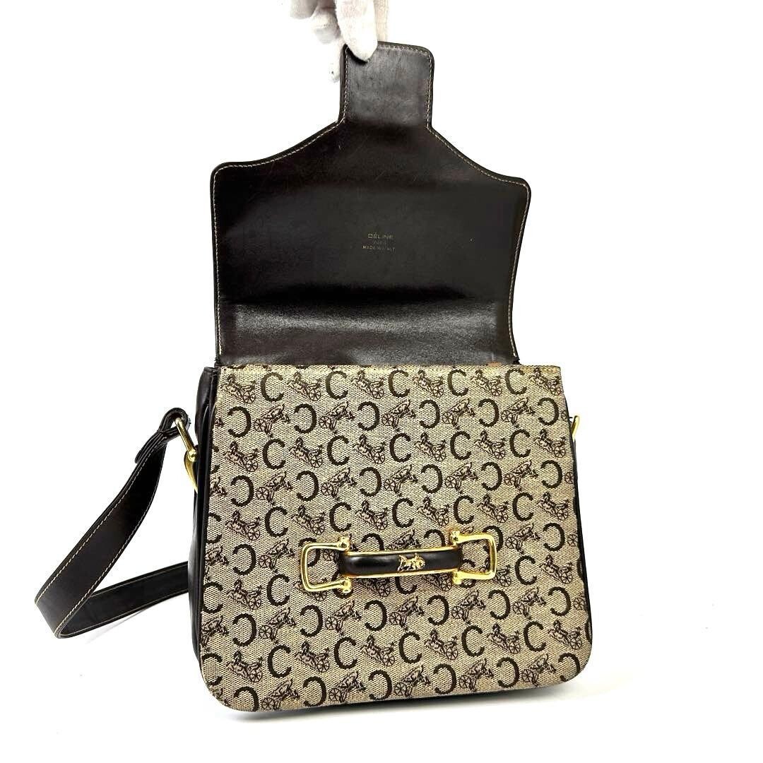 CELINE Shoulder bag C Sulky Macadam canvas leather Vintage Auth From Japan