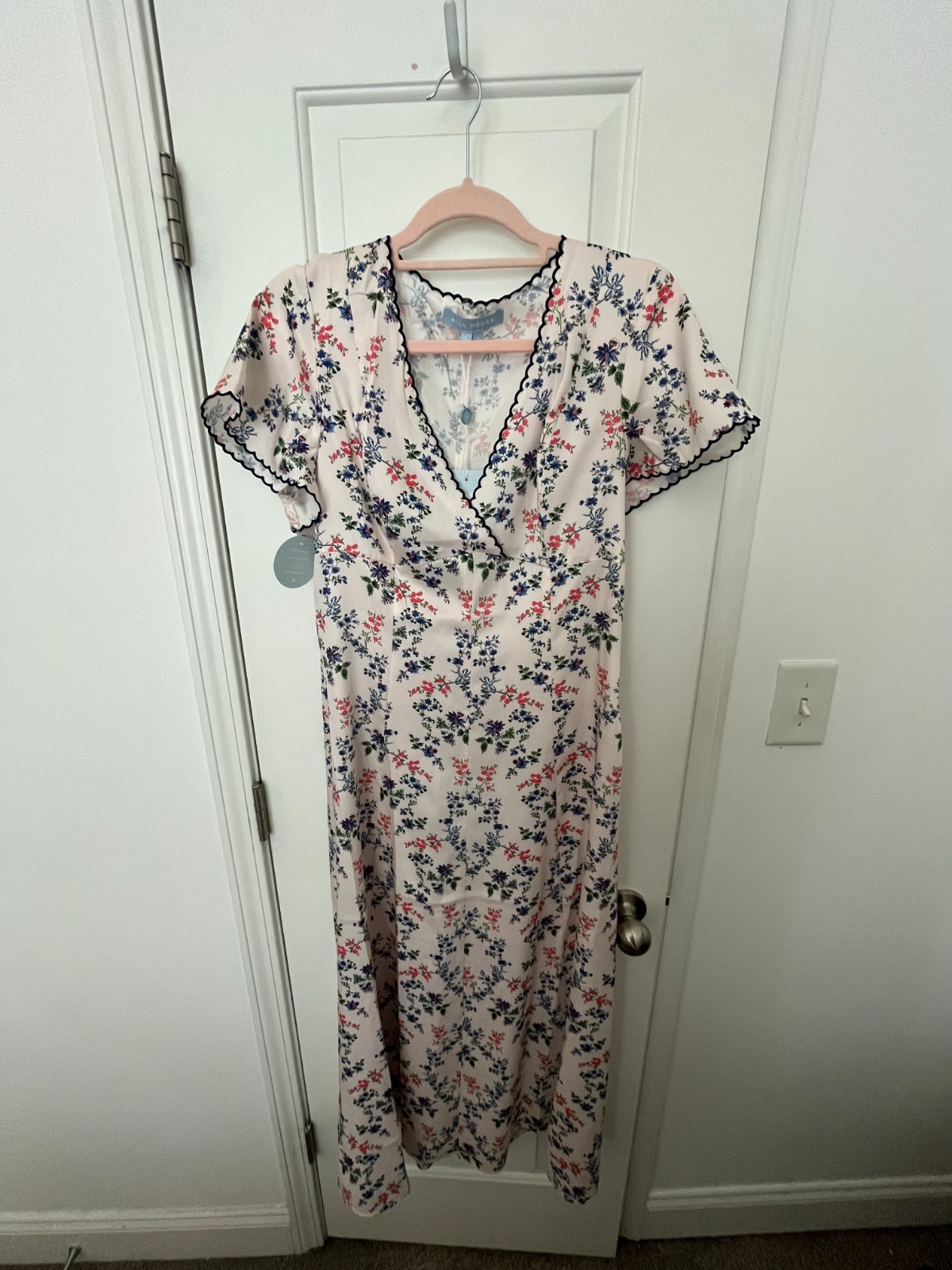 Hill House Home Brie Dress Midi Tea Length V Neck Pink Scallop Bow Chintz Size L