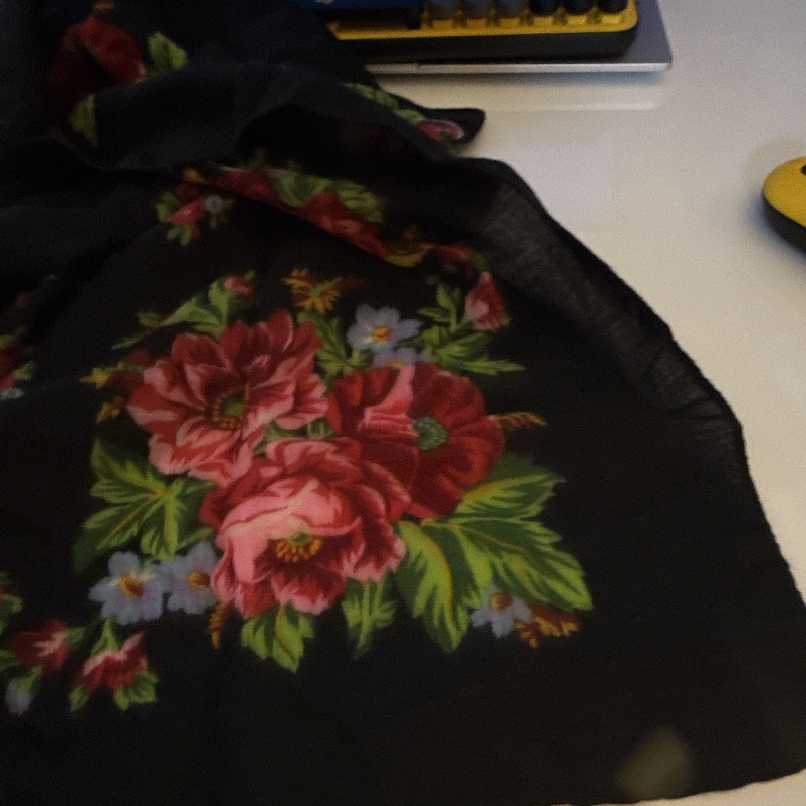 Black Floral Rose Print Square Scarf Wrap with Fringe – Women’s