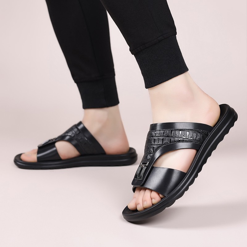 Men’s Croc-Embossed Slide Sandals, PU Leather, Comfort Non-Slip Rubber Sole