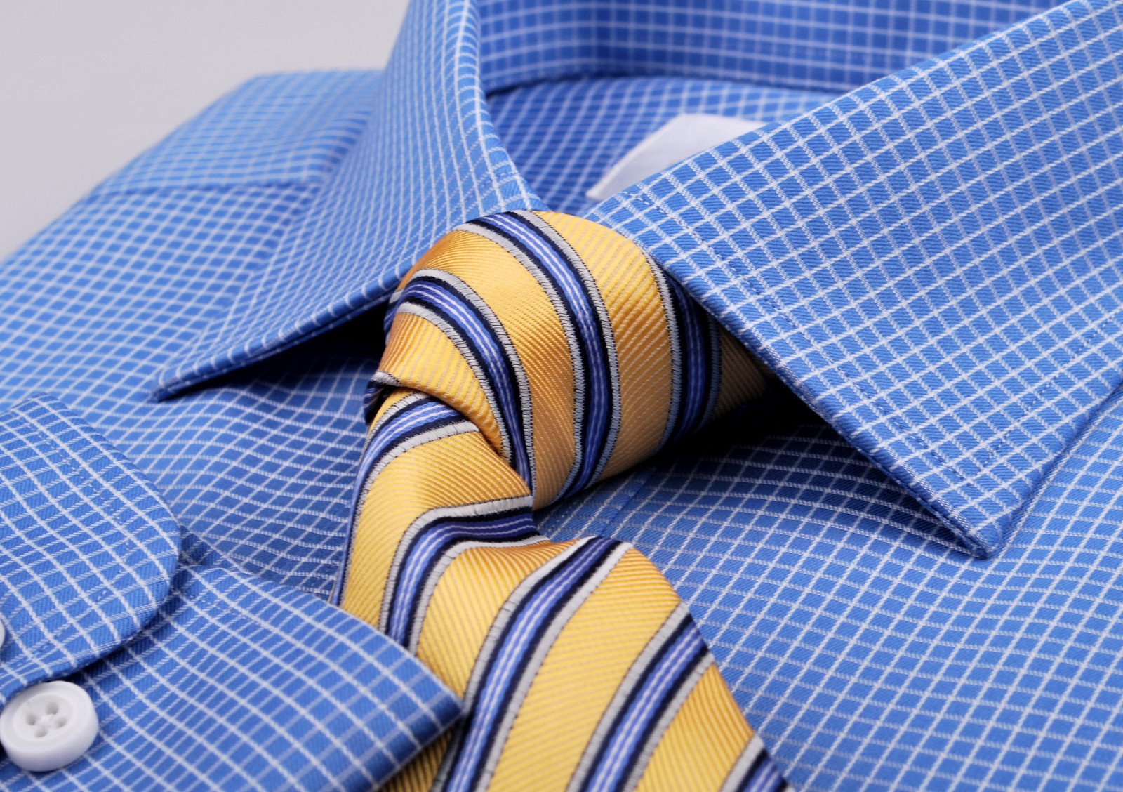 Blue Checkered Dress Shirt Luxury Business Button Cuff Soft Easy Iron Fabric