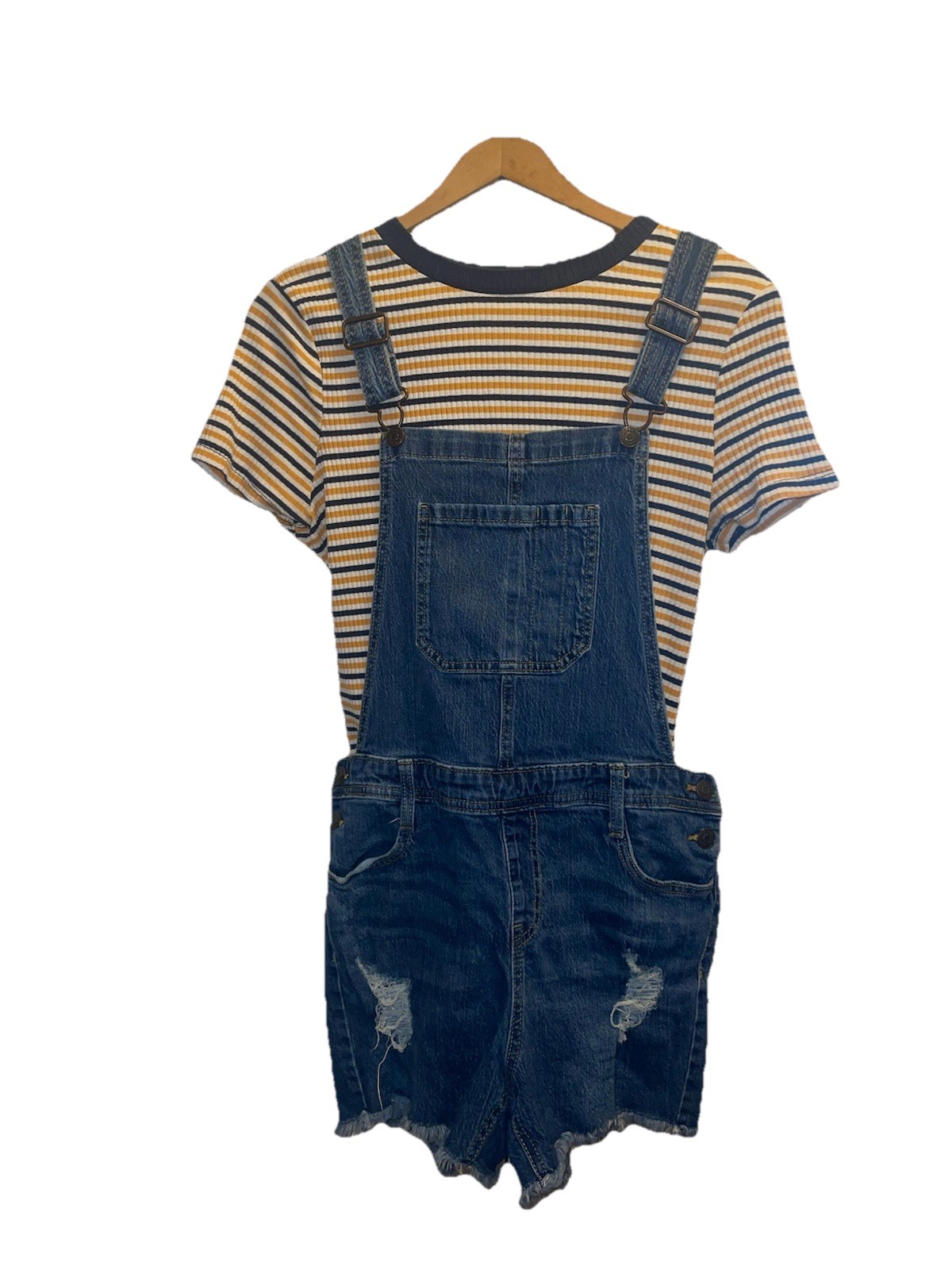 Cat & Jack Girls XL (14/16) Denim Shortalls & Striped Tee 2pc Set Stretch