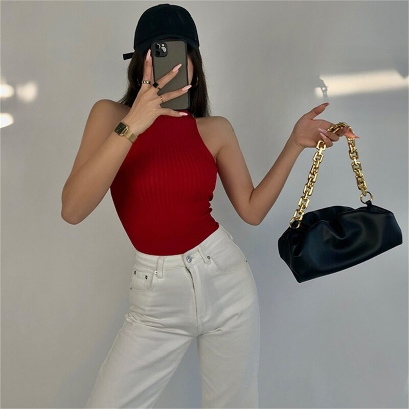 Women Plain Solid Color Sleeveless Crop Top Turtleneck Ribbed Knit Basic Vest