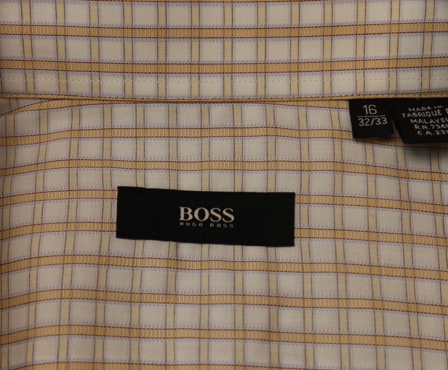 NWOT Hugo Boss Mens 16×32/33 Sharp Fit Dress Shirt Beige White Plaid 100% Cotton