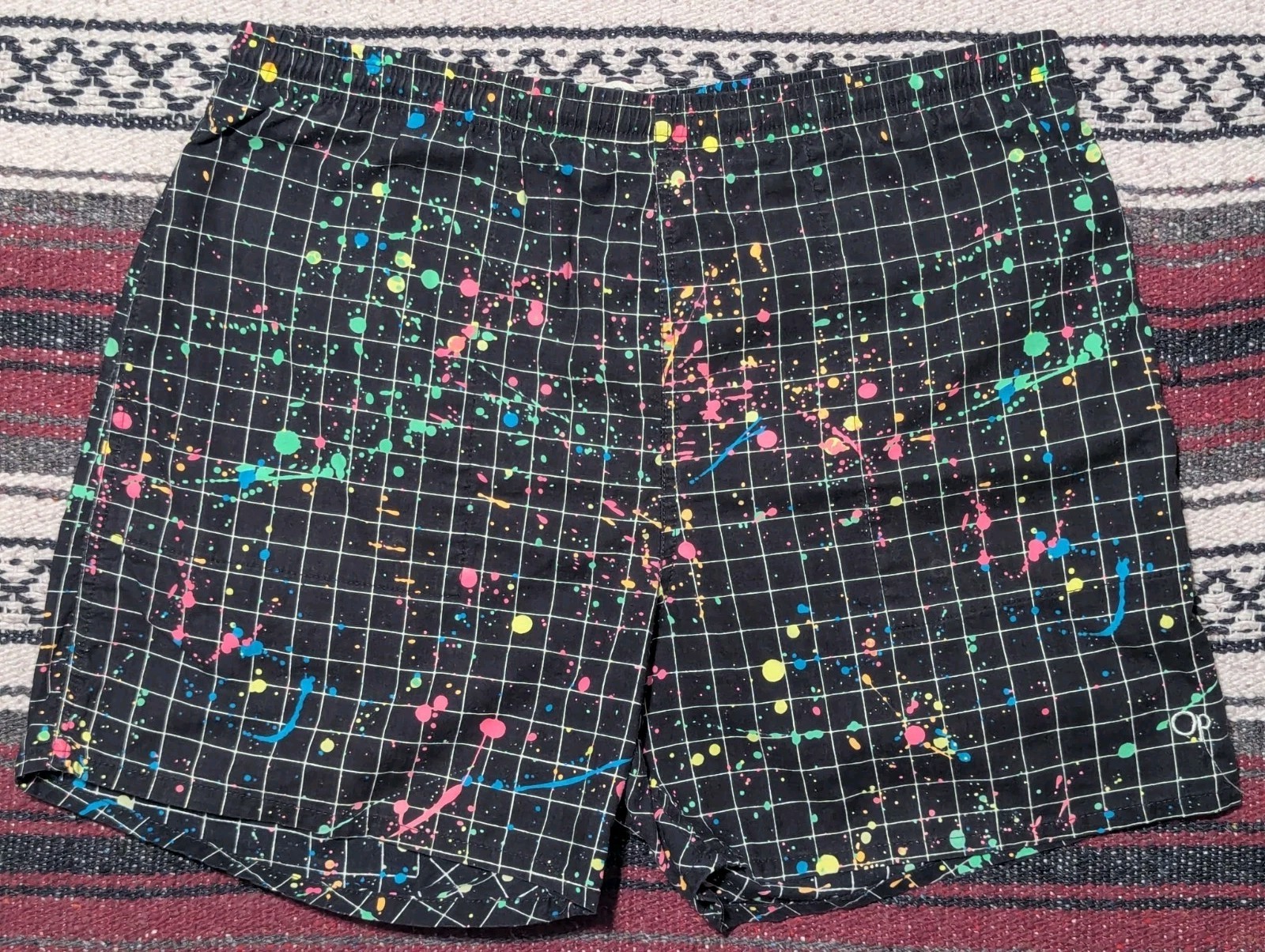 Vintage 80s 90s Ocean Pacific Shorts Swim Trunks AOP Surf Skate Grid Paint L/XL