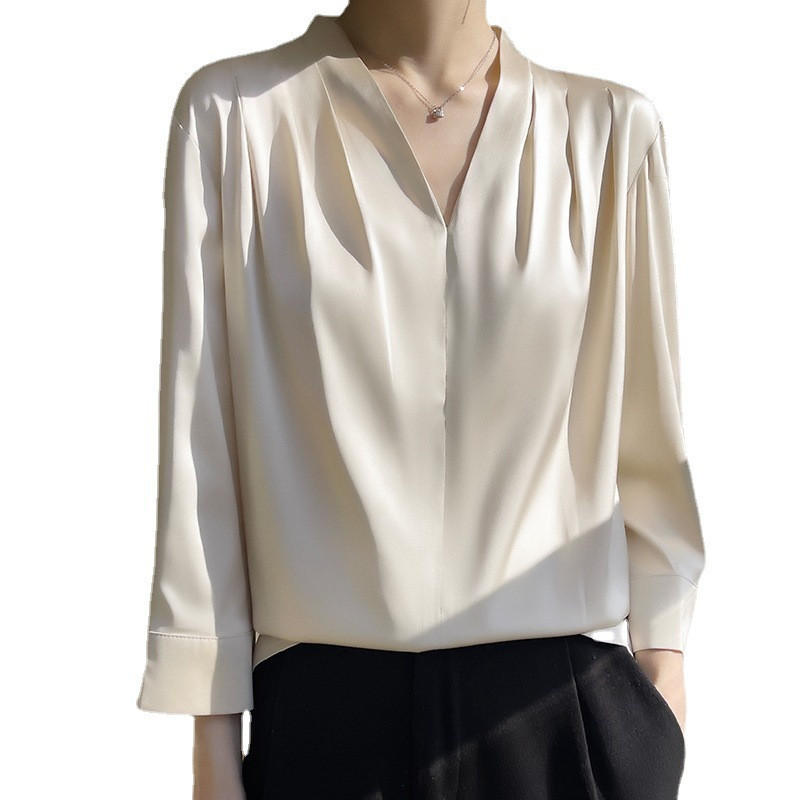 HOT Mulberry Silk Long-sleeved Shirt Women’s Morning Satin Chiffon V-neck Top