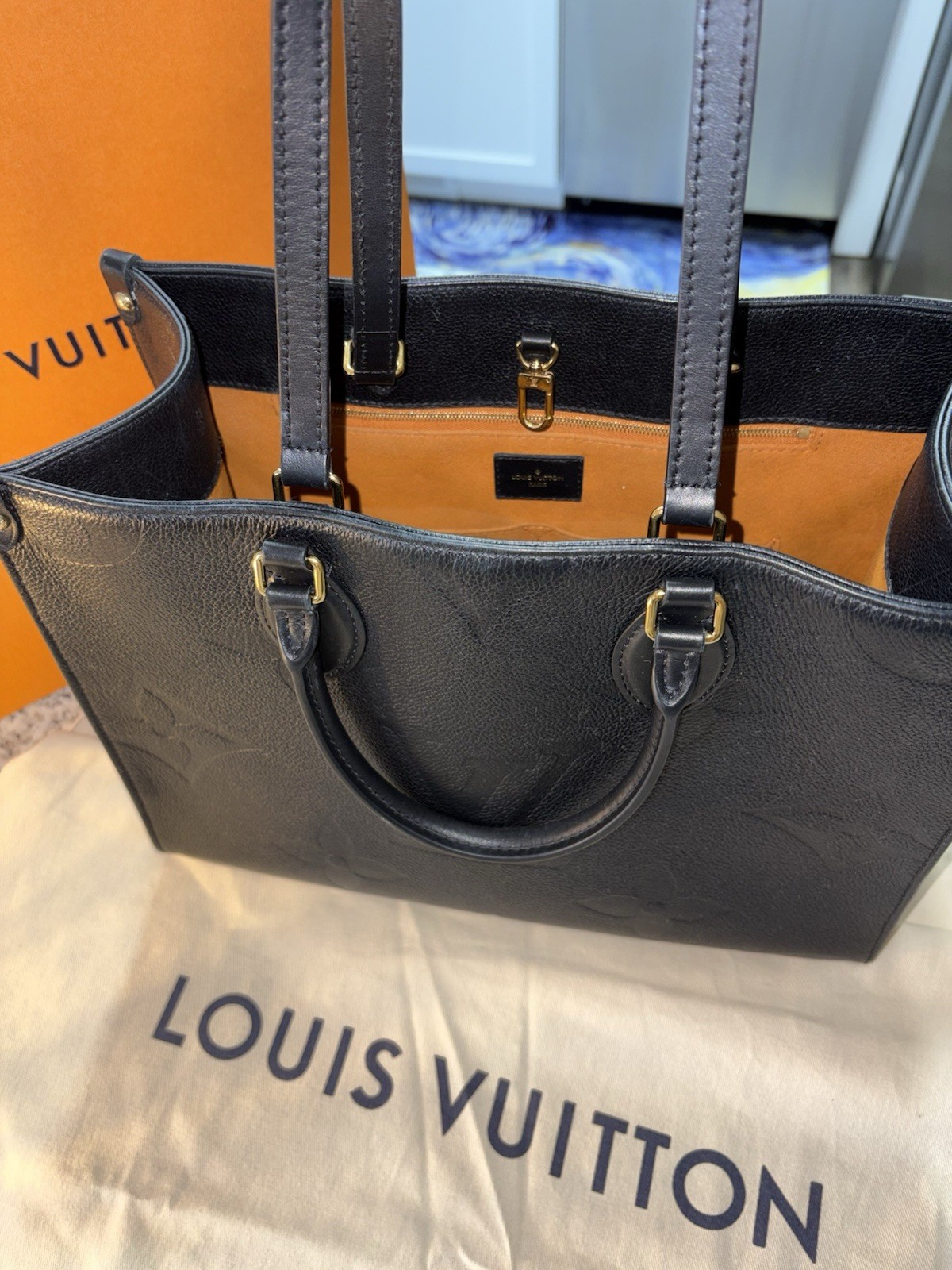 Louis Vuitton OnTheGo MM Black Monogram Embossed Large Tote w/ Dust Bag Box Card