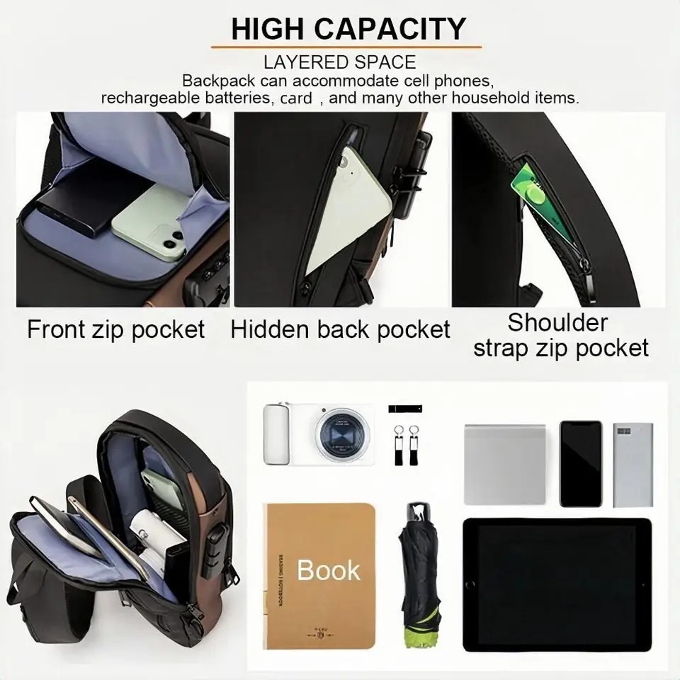 Men Anti Theft Chest Bag USB Charging Crossbody Sling Shoulder Travel Pack