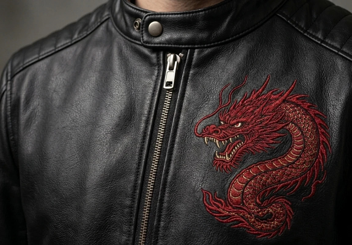 Men’s Dragon Embroidered Leather Jacket Gothic Streetwear Biker Motorcycle Coat