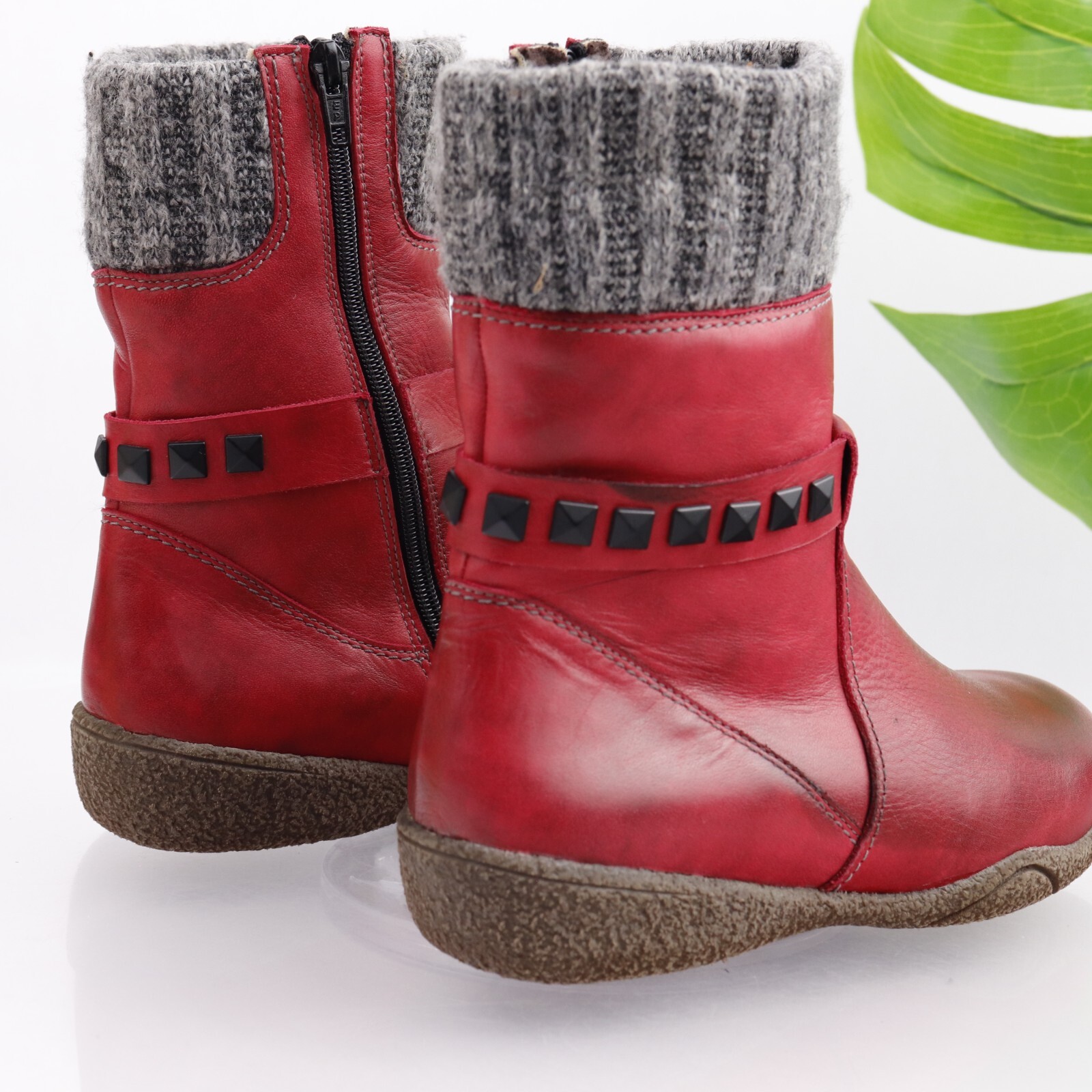 NAOT Theresia M Women’s Boot Size 7 Mid Red Leather Knit Cuff Comfy Orthotic