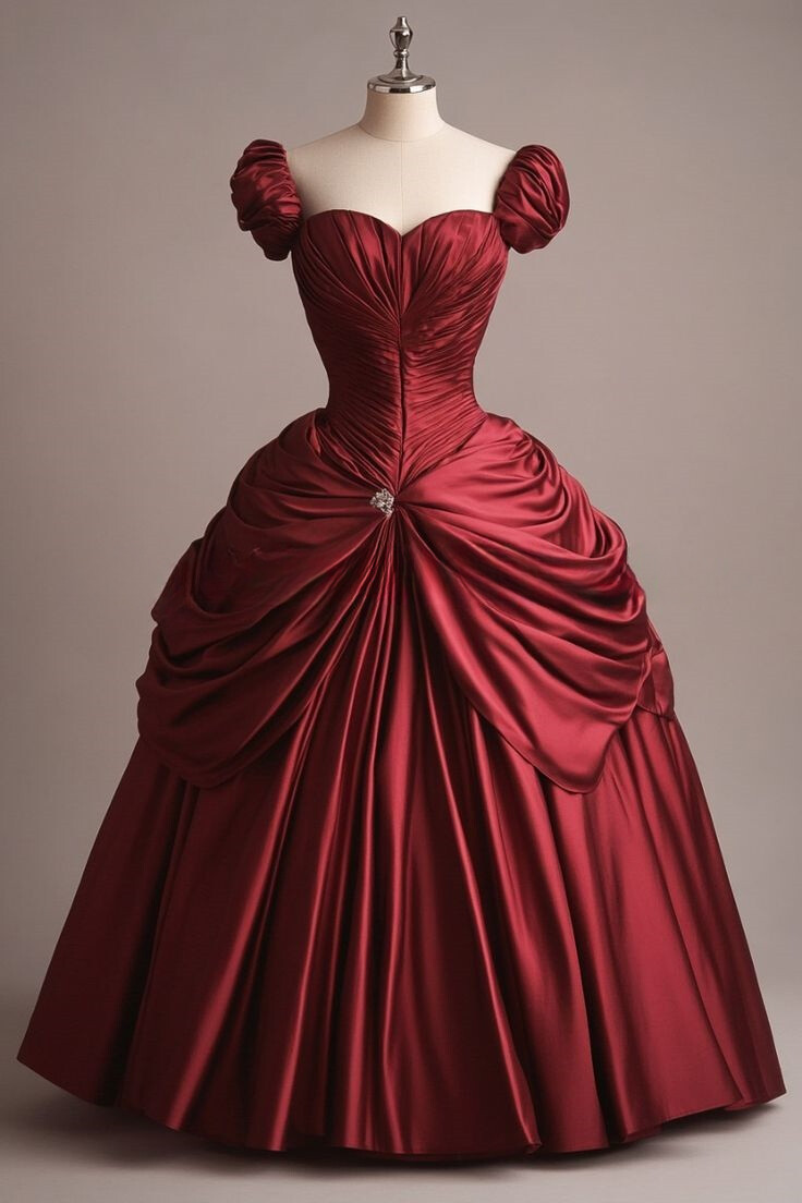 Burgundy Satin Off-Shoulder Ball Gown Prom Wedding Dresses With Puff Sleeves