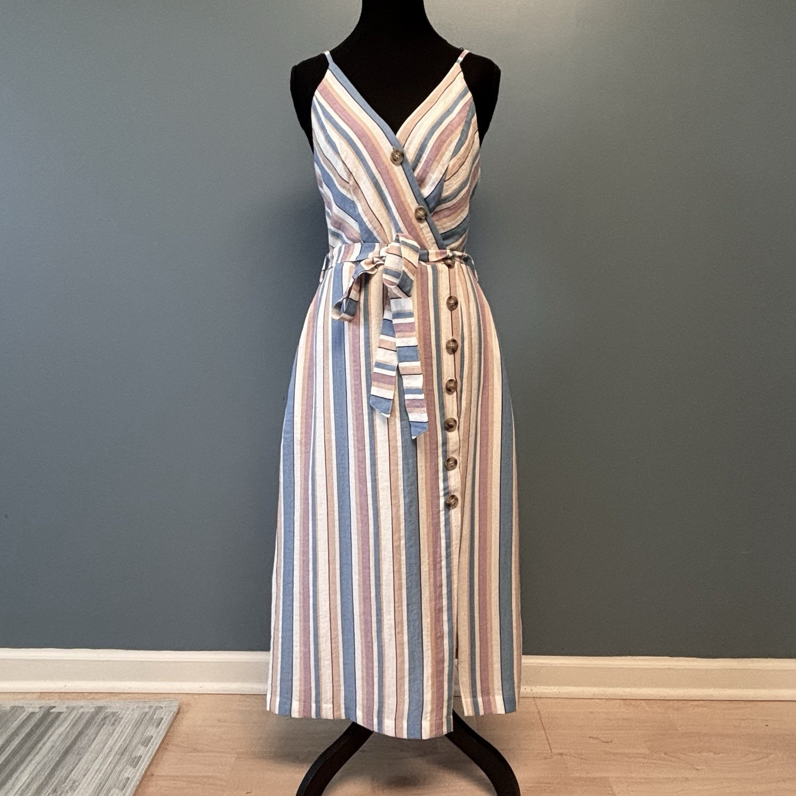 Fashion on Earth Medium Midi Asymmetrical Button Down Striped Dress Minimalist
