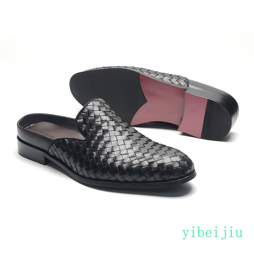 2026 Mens Real Leather Weave Woven Slipper Dress Slide Shoes Slip On Sandals Man