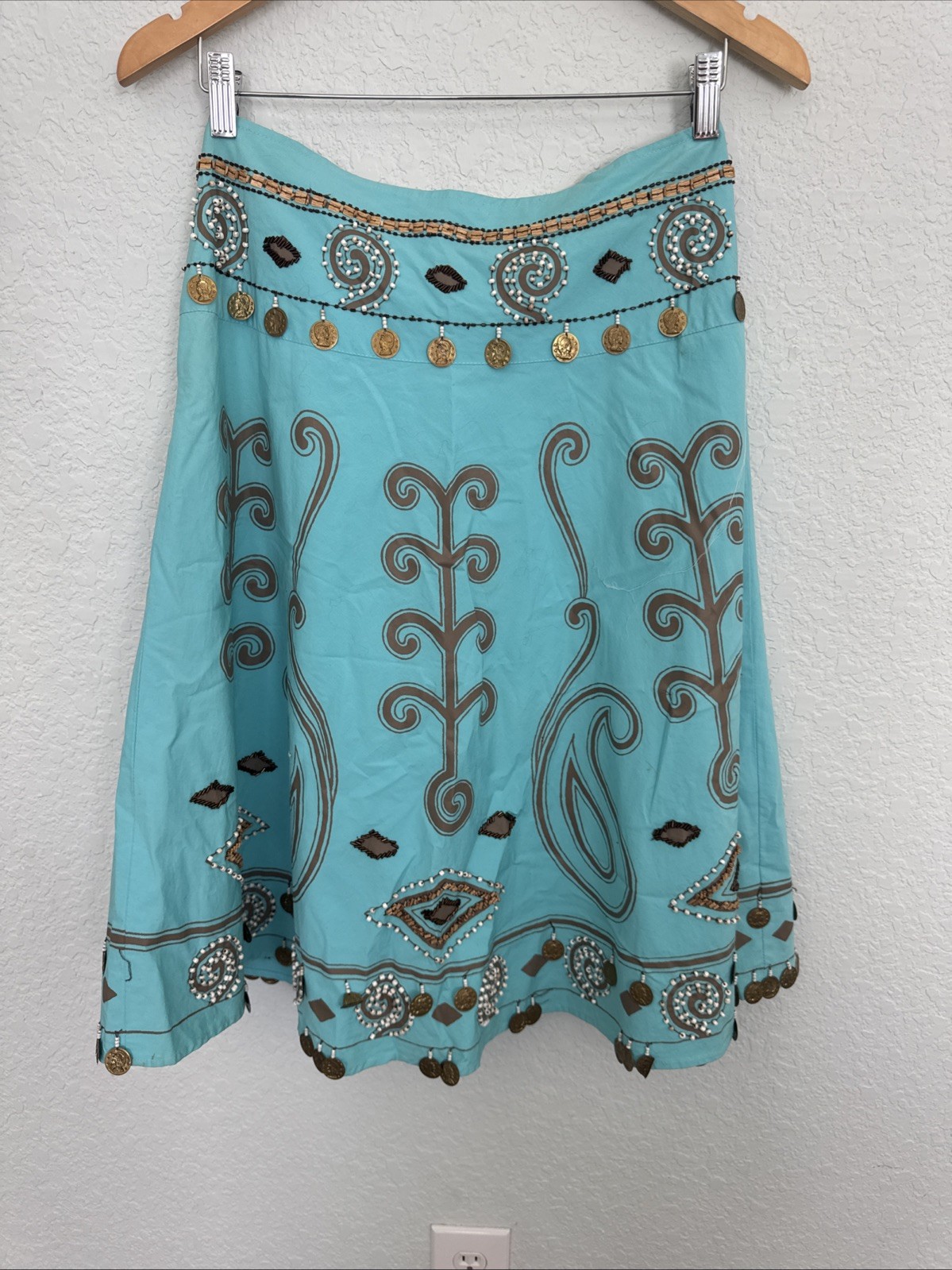 Turquoise Basil &Maude Skirt Beaded Embroidery With Hanging Coin Embellishing