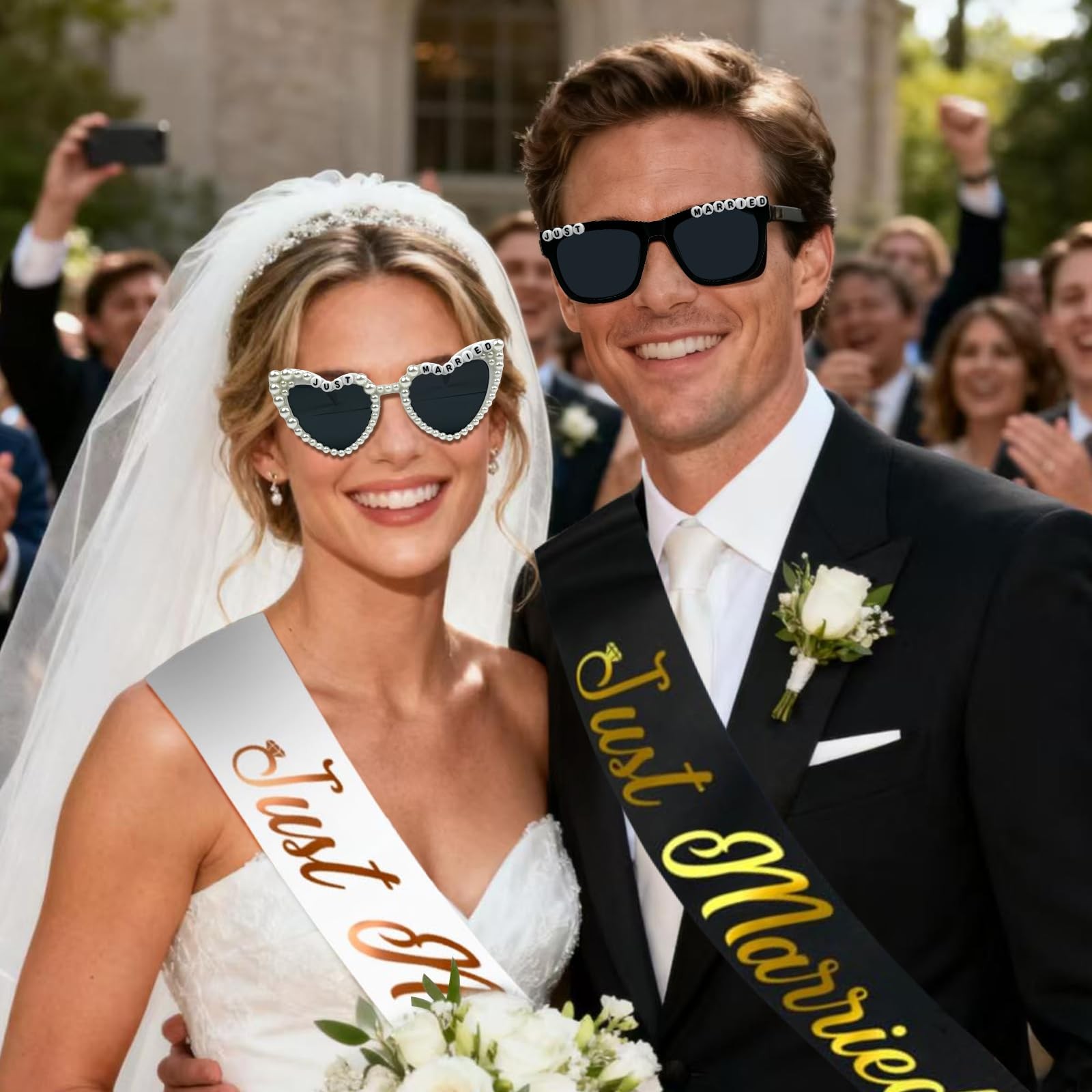 Just Married Bride and Groom Sunglasses with Sash Wedding Honeymoon Accessories