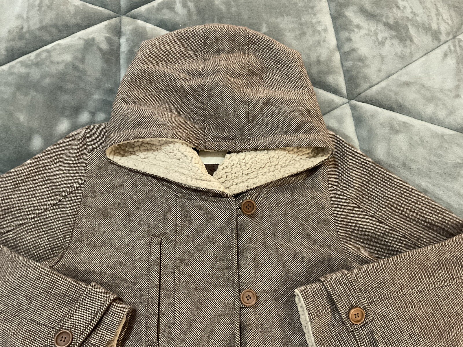 Ray Cousin Cassin Hoodie Herringbone Houndstooth Zip Button Jacket Fully Lined