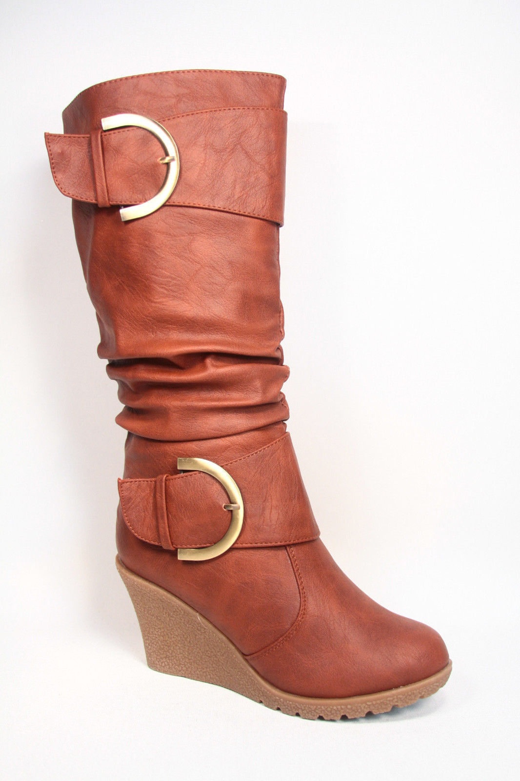 Women’s Cute Round Toe Slouch Buckle Wedge Mid Calf Boot Shoes Size 5 -11 NEW